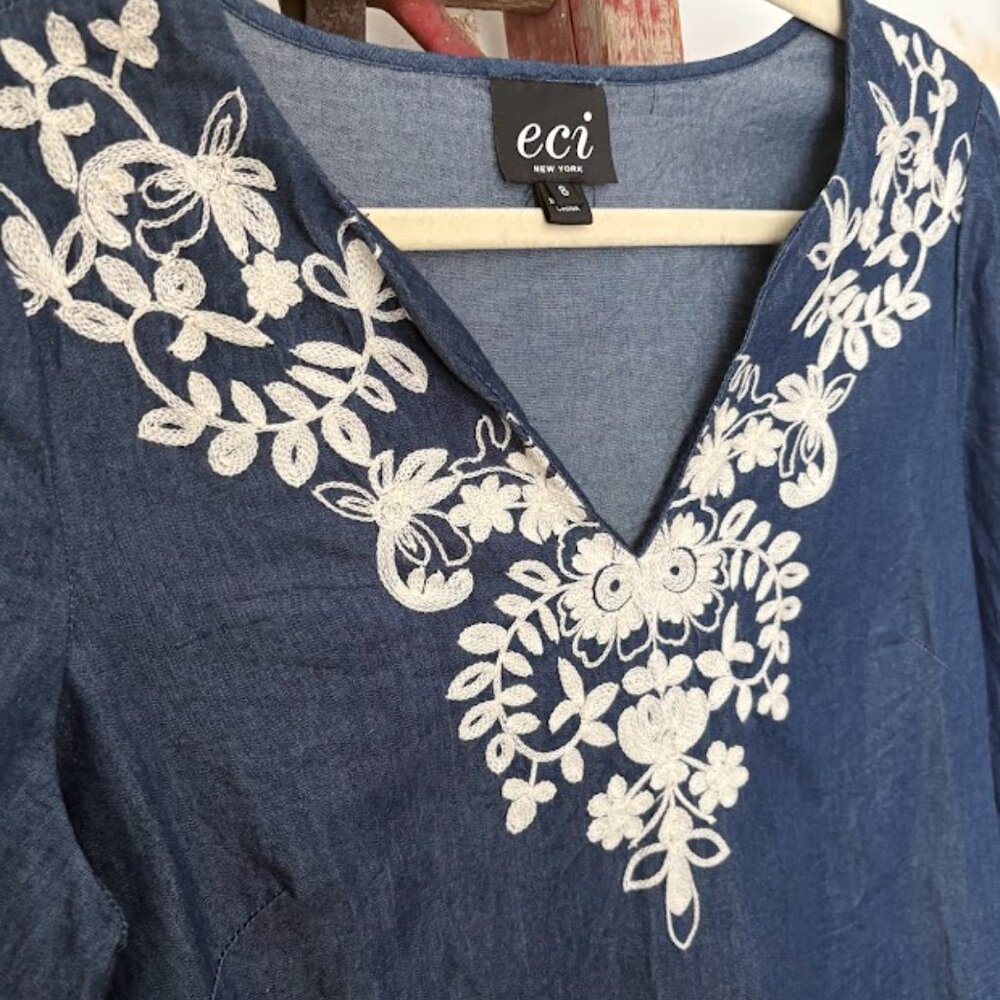 ECI New York Denim Blue Jean Dress Size 8 With White Lace - Picture 4 of 6